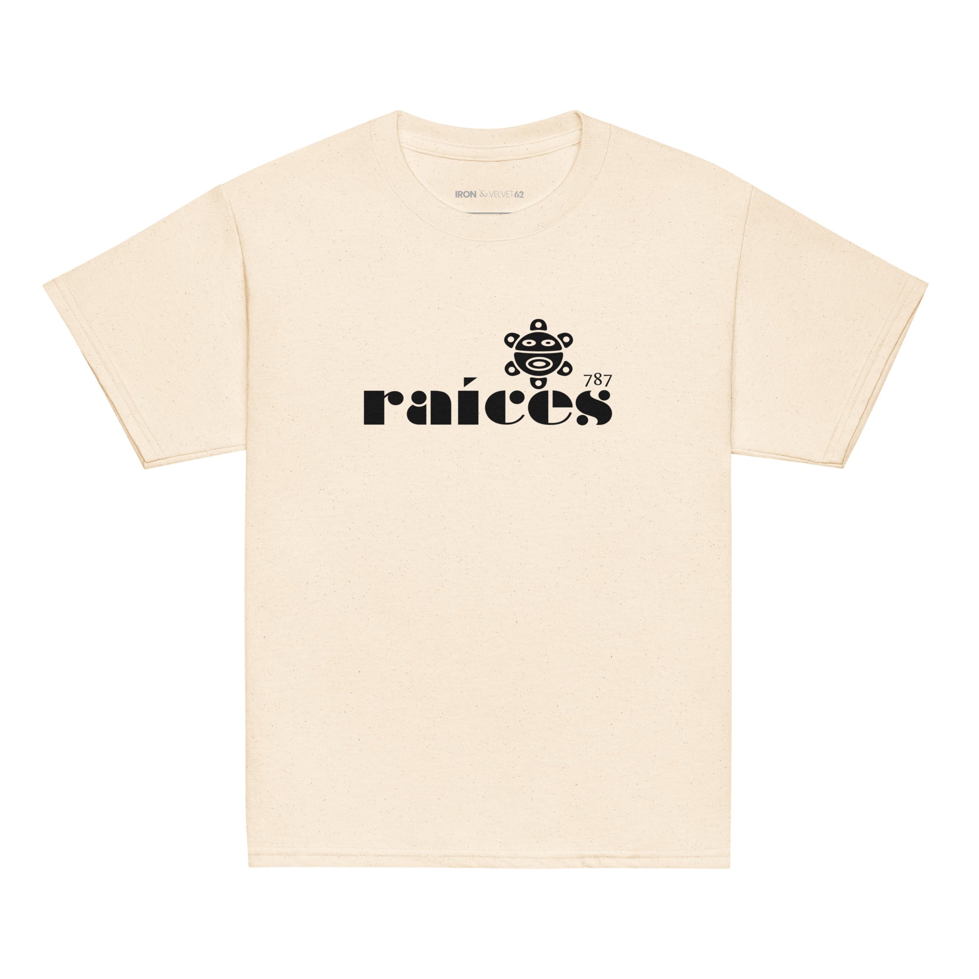 beige raices kids tshirt displayed on a white background with bold black raíces text across the chest  taíno sun and 787 detail, puerto rican cultural design by iron and velvet 62