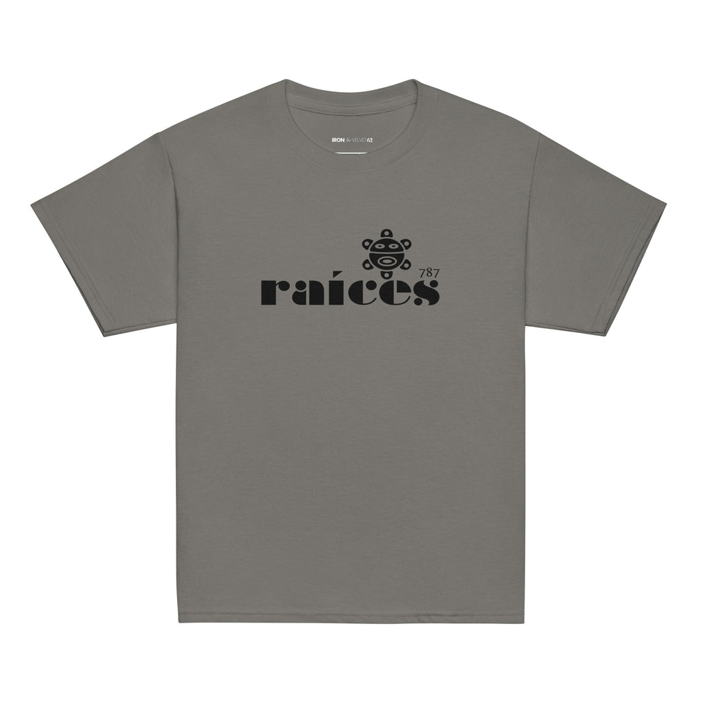 gray raices kids tshirt displayed on a white background with bold black raíces text across the chest  taíno sun and 787 detail, puerto rican cultural design by iron and velvet 62
