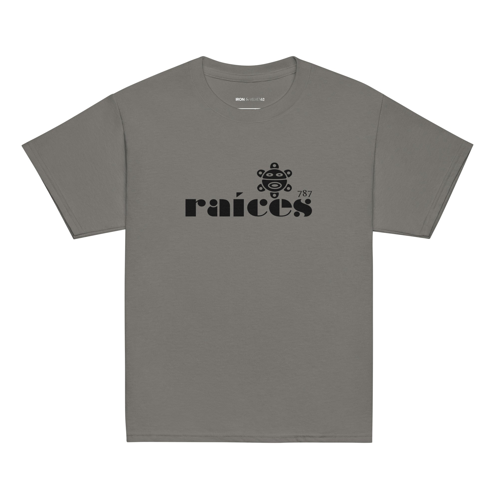 gray raices kids tshirt displayed on a white background with bold black raíces text across the chest  taíno sun and 787 detail, puerto rican cultural design by iron and velvet 62