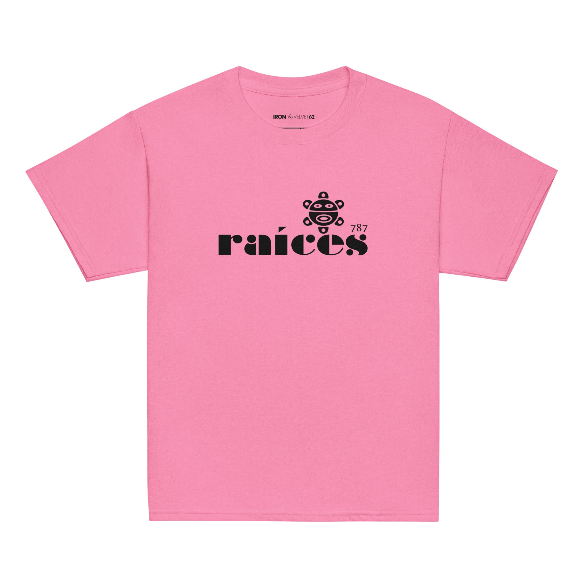 pink raices kids tshirt displayed on a white background with bold black raíces text across the chest  taíno sun and 787 detail, puerto rican cultural design by iron and velvet 62
