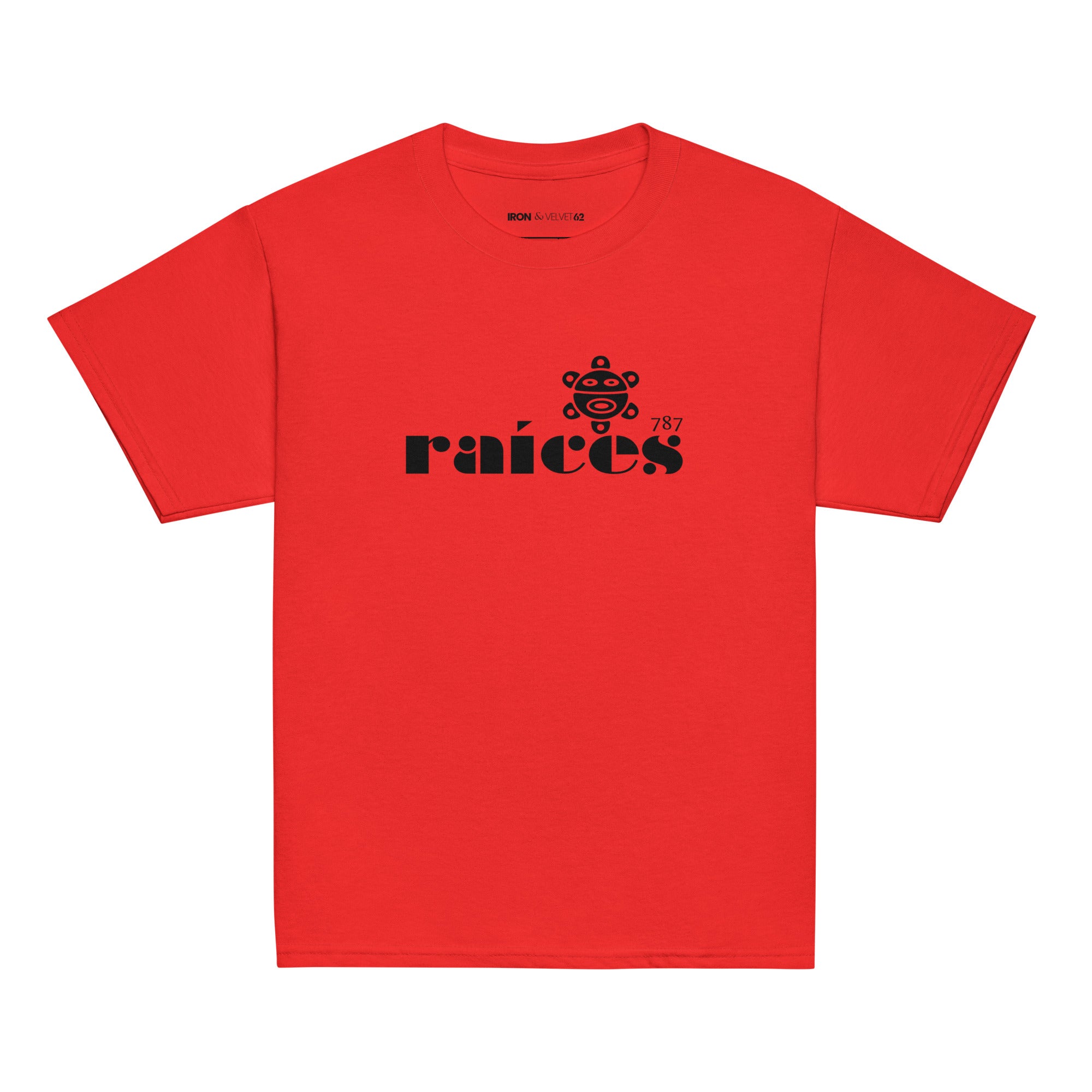 red raices kids tshirt displayed on a white background with bold black raíces text across the chest  taíno sun and 787 detail, puerto rican cultural design by iron and velvet 62