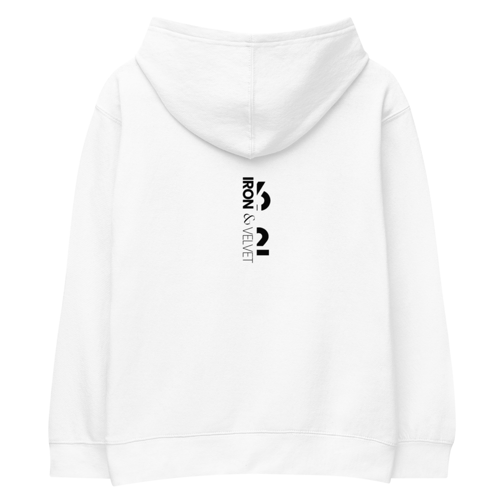 back of white raices kids hoodie displayed on a transparent checkered background with iron and velvet 62 logo in the middle designed by iron and velvet 62