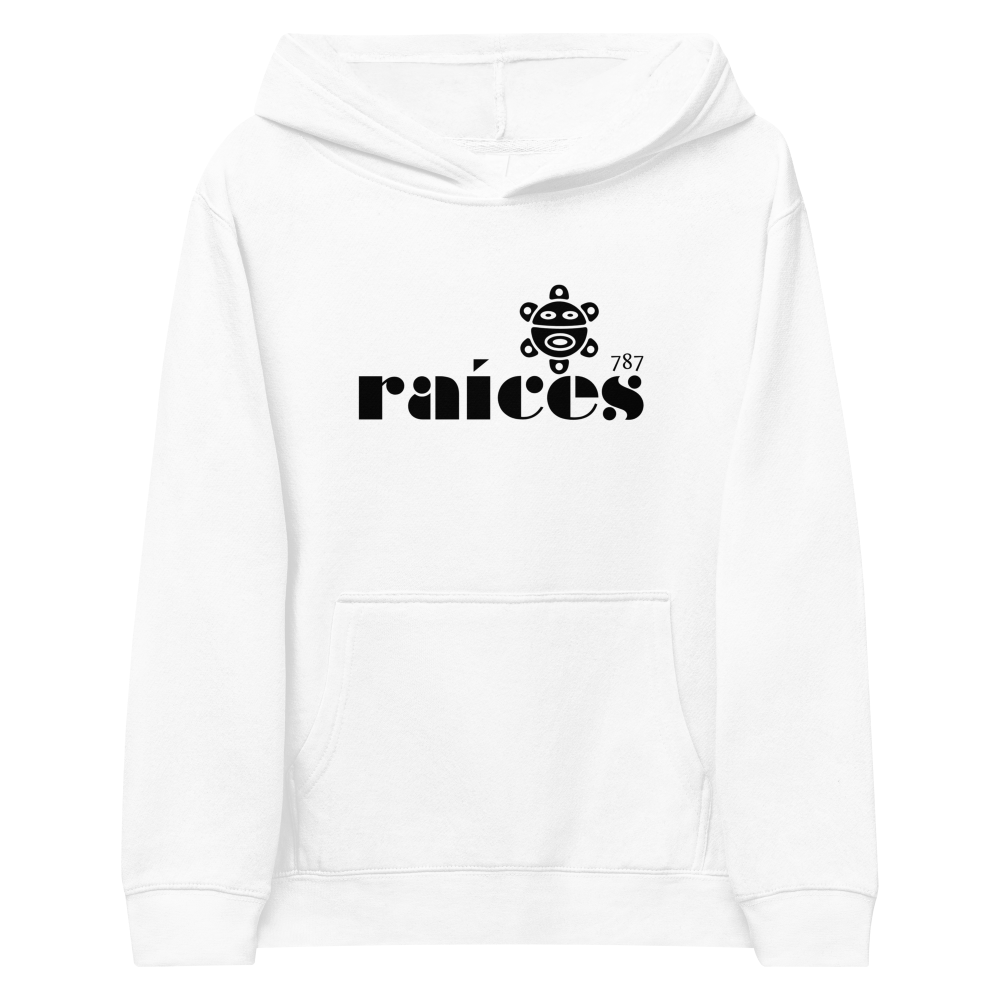 white kids hoodie displayed on a white background with bold black raíces text across the chest and taíno sun detail, puerto rican cultural design by iron and velvet 62