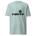 blue men's raices tshirt displayed on a white background with bold black raíces text across the chest and taíno, 787 sun detail, puerto rican cultural design by iron and velvet 62
