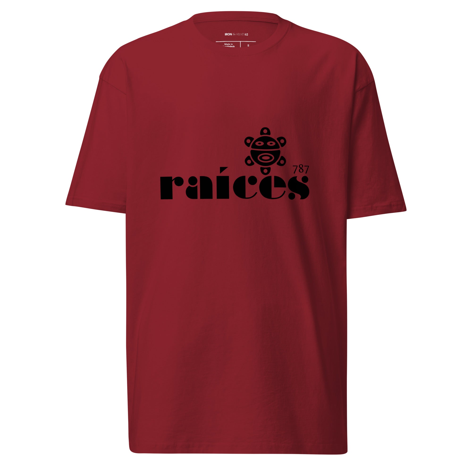 red men's raices tshirt displayed on a white background with bold black raíces text across the chest and taíno, 787 sun detail, puerto rican cultural design by iron and velvet 62