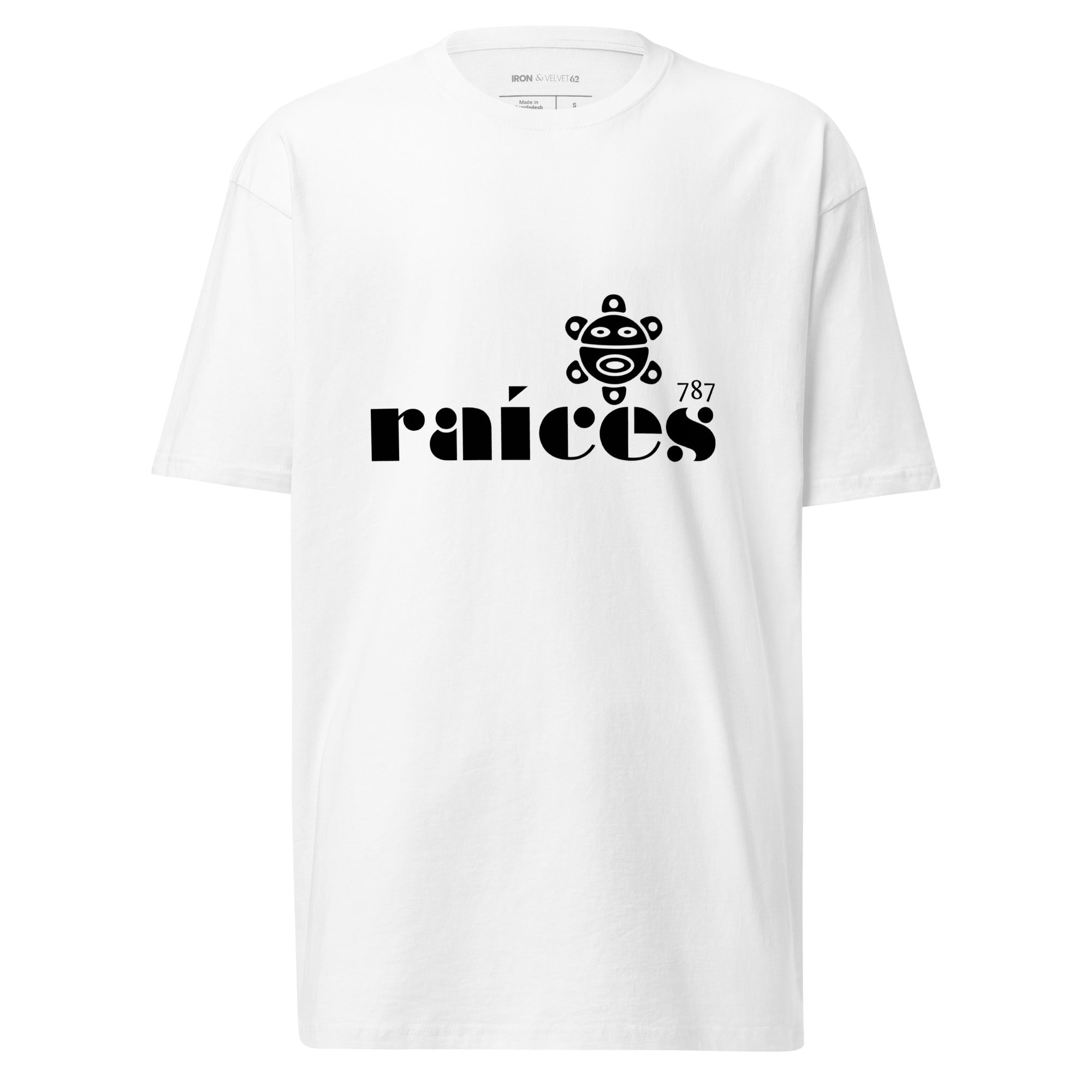 white men's raices tshirt displayed on a white background with bold black raíces text across the chest and taíno, 787 sun detail, puerto rican cultural design by iron and velvet 62