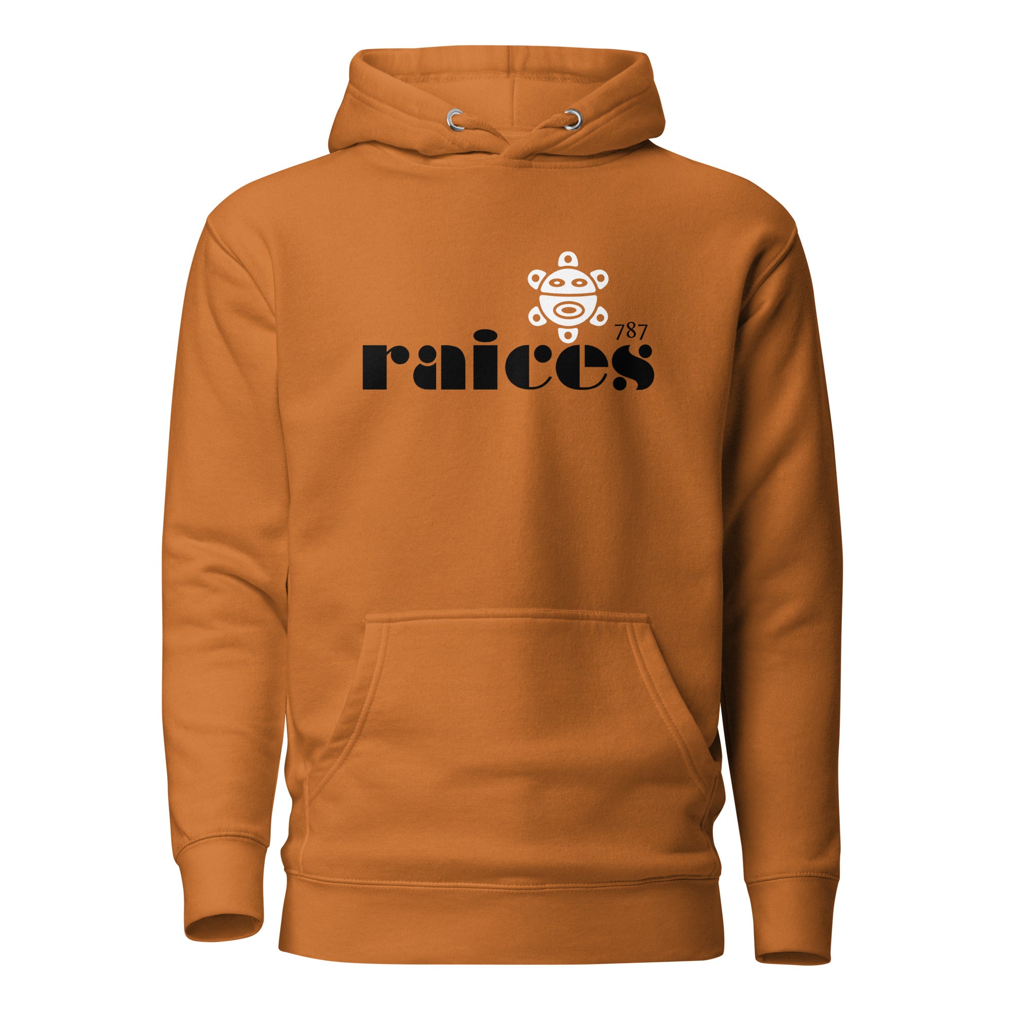 adobe color unisex hoodie displayed on a white background with bold black raíces text across the chest, a white taíno sun and 787 detail, puerto rican cultural design by iron and velvet 62