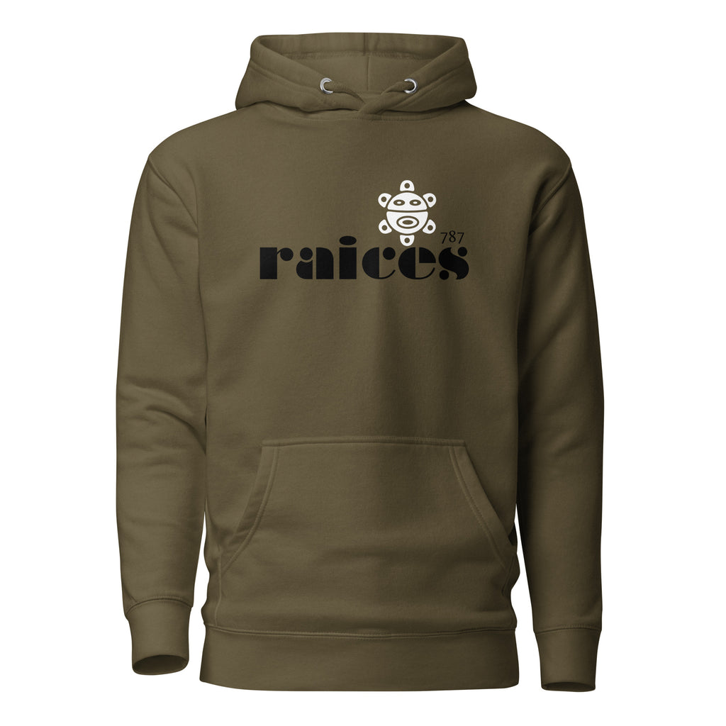 green color unisex hoodie displayed on a white background with bold black raíces text across the chest, a white taíno sun and 787 detail, puerto rican cultural design by iron and velvet 62