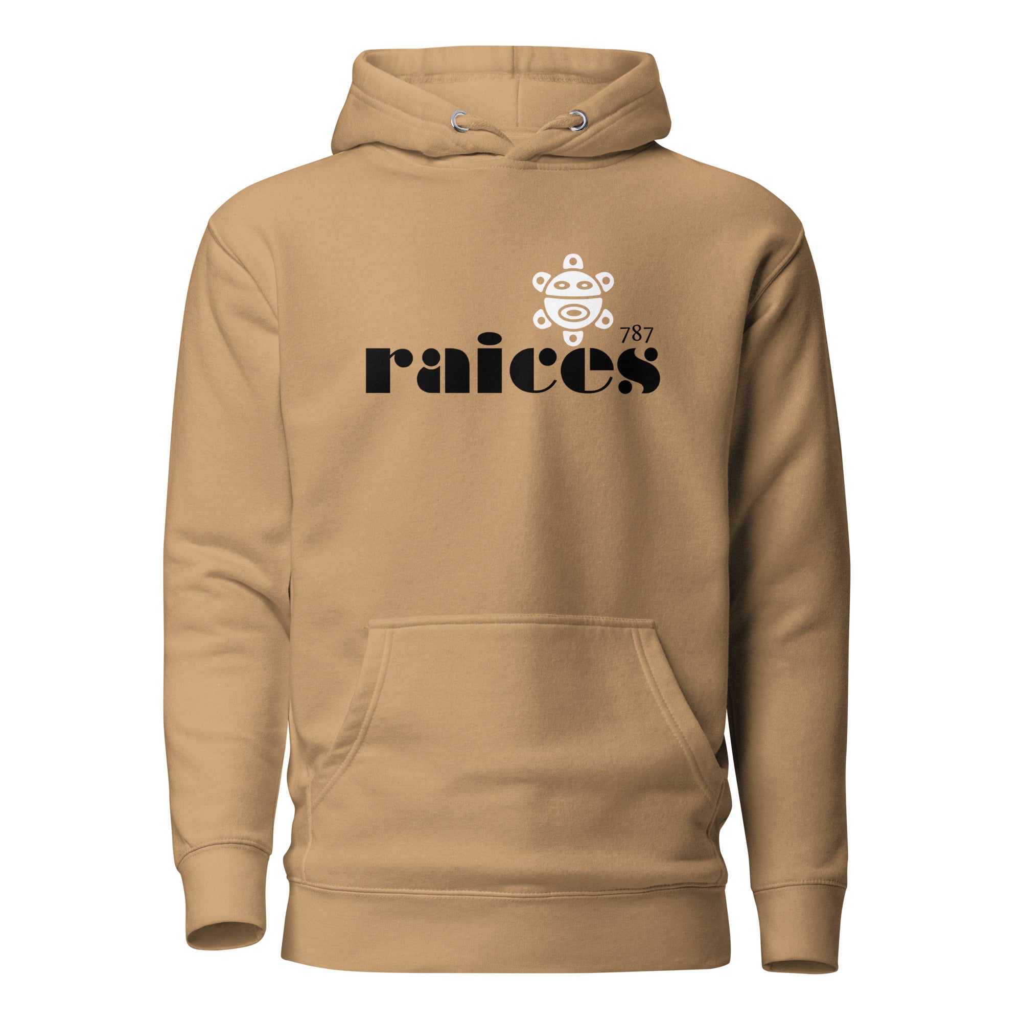 khaki color unisex hoodie displayed on a white background with bold black raíces text across the chest, a white taíno sun and 787 detail, puerto rican cultural design by iron and velvet 62