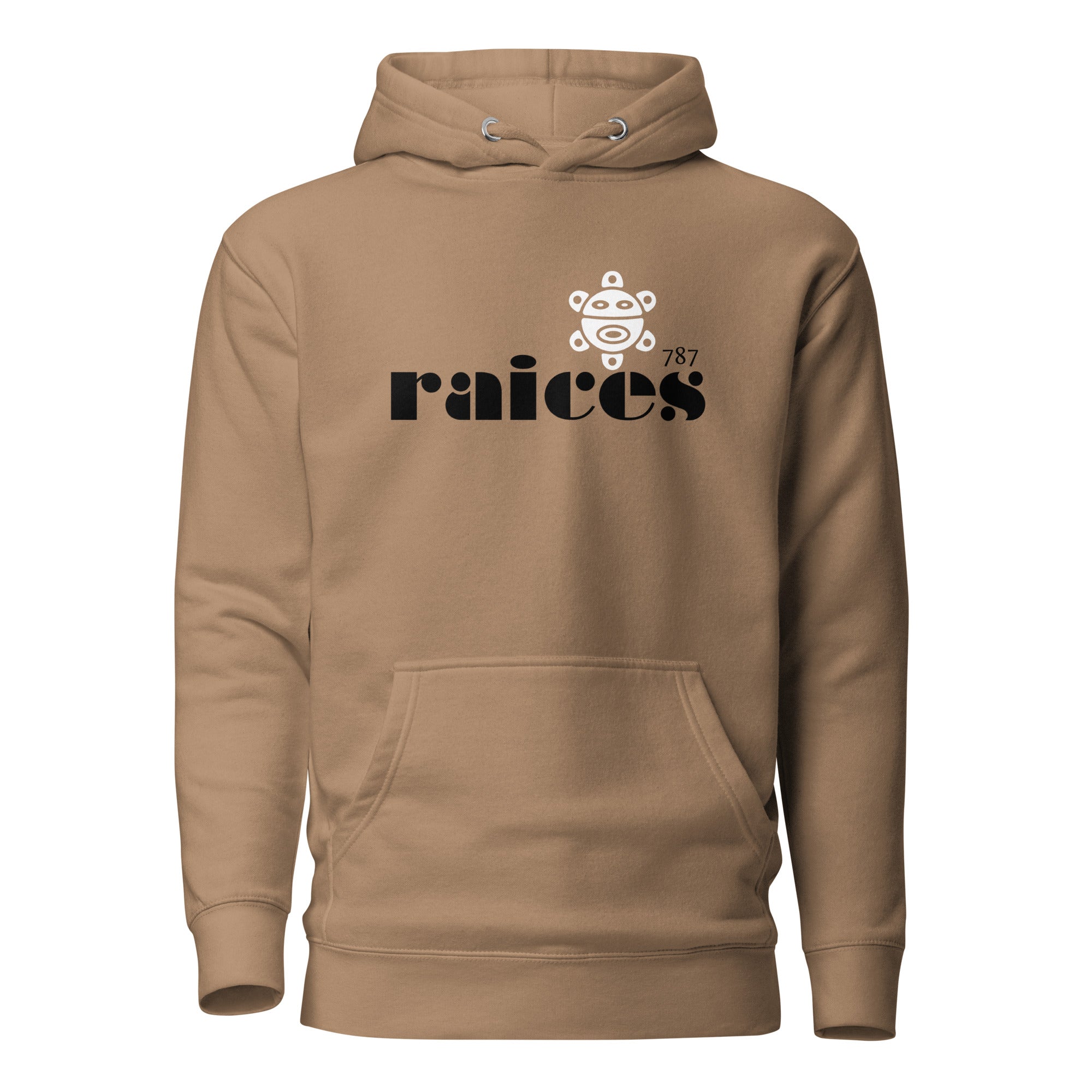 latte color unisex hoodie displayed on a white background with bold black raíces text across the chest, a white taíno sun and 787 detail, puerto rican cultural design by iron and velvet 62