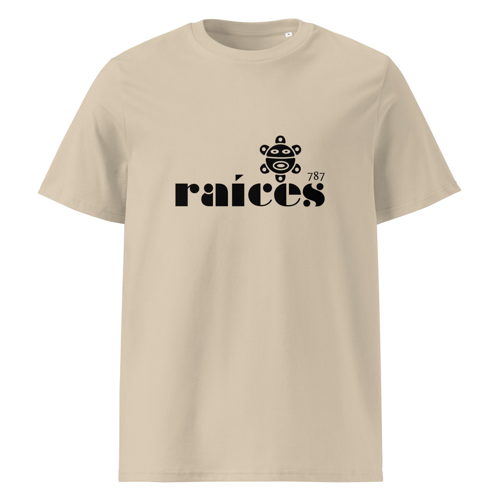 desert dust color womens raices tshirt displayed on a white background with bold black raíces text across the chest and taíno sun detail, puerto rican cultural design by iron and velvet 62