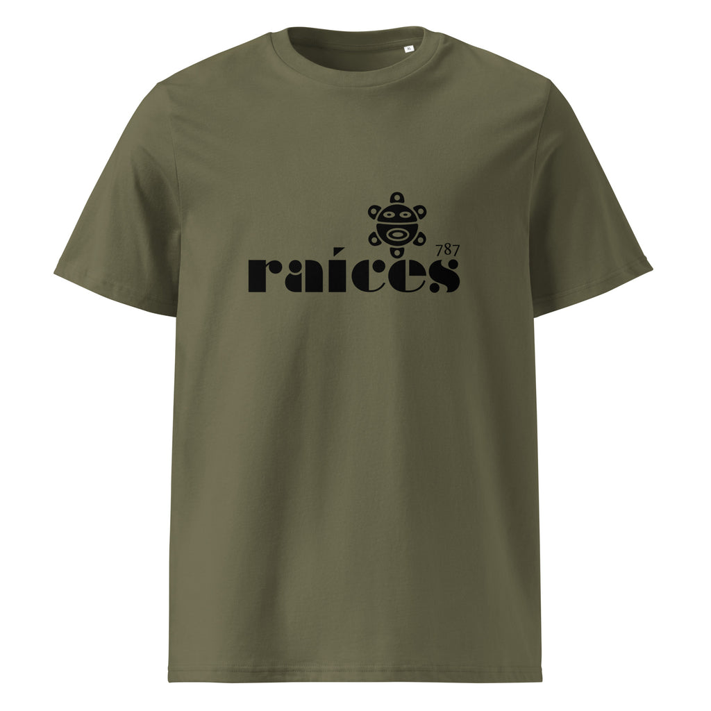 green raices womens tshirt displayed on a white background with bold black raíces text across the chest and taíno sun detail, puerto rican cultural design by iron and velvet 62