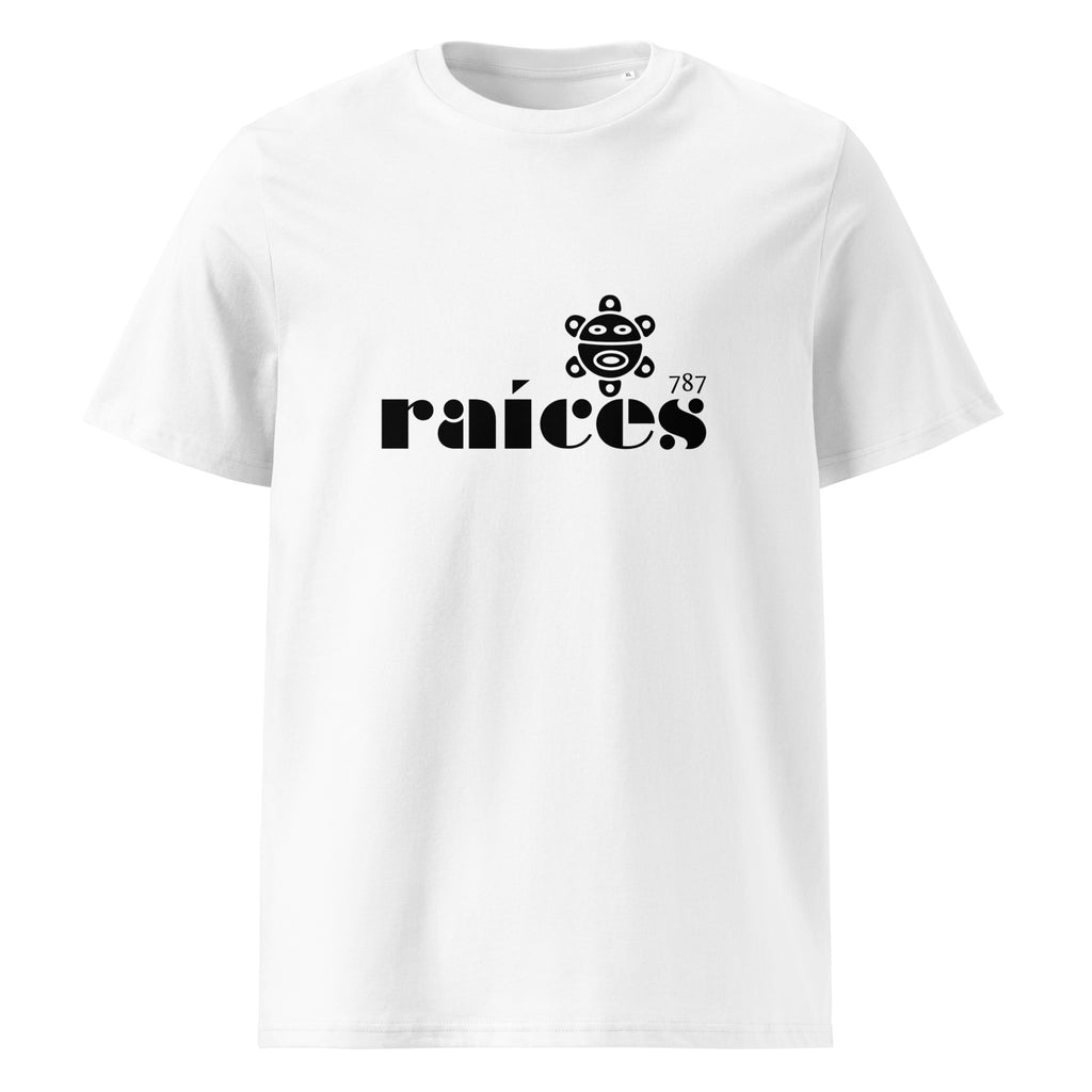 white raices womens tshirt displayed on a white background with bold black raíces text across the chest and taíno sun detail, puerto rican cultural design by iron and velvet 62