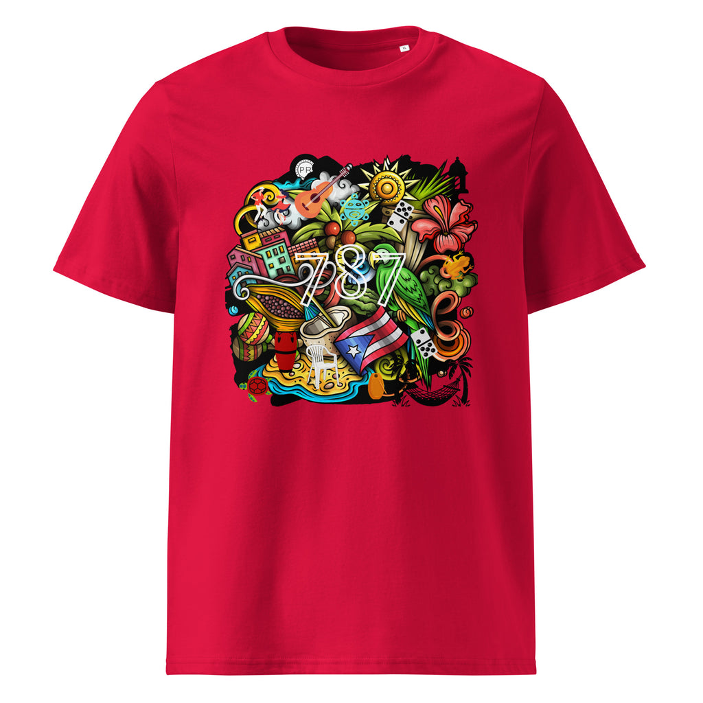 red puerto rico t-shirt displayed on a white background featuring a colorful puerto rico graphic with coquí frog, puerto rican flag, taíno sun, tropical flowers, palm leaves, and island-inspired cultural elements, bold boricua graphic design by iron and velvet 62