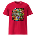 red puerto rico t-shirt displayed on a white background featuring a colorful puerto rico graphic with coquí frog, puerto rican flag, taíno sun, tropical flowers, palm leaves, and island-inspired cultural elements, bold boricua graphic design by iron and velvet 62