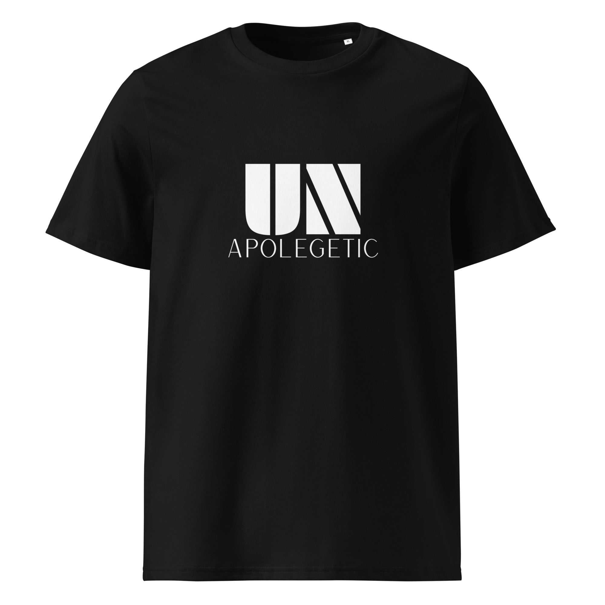 womens black tshirt displayed on a white background with bold white unapologetic text and minimalist logo design across the chest statement streetwear piece design by iron and velvet 62