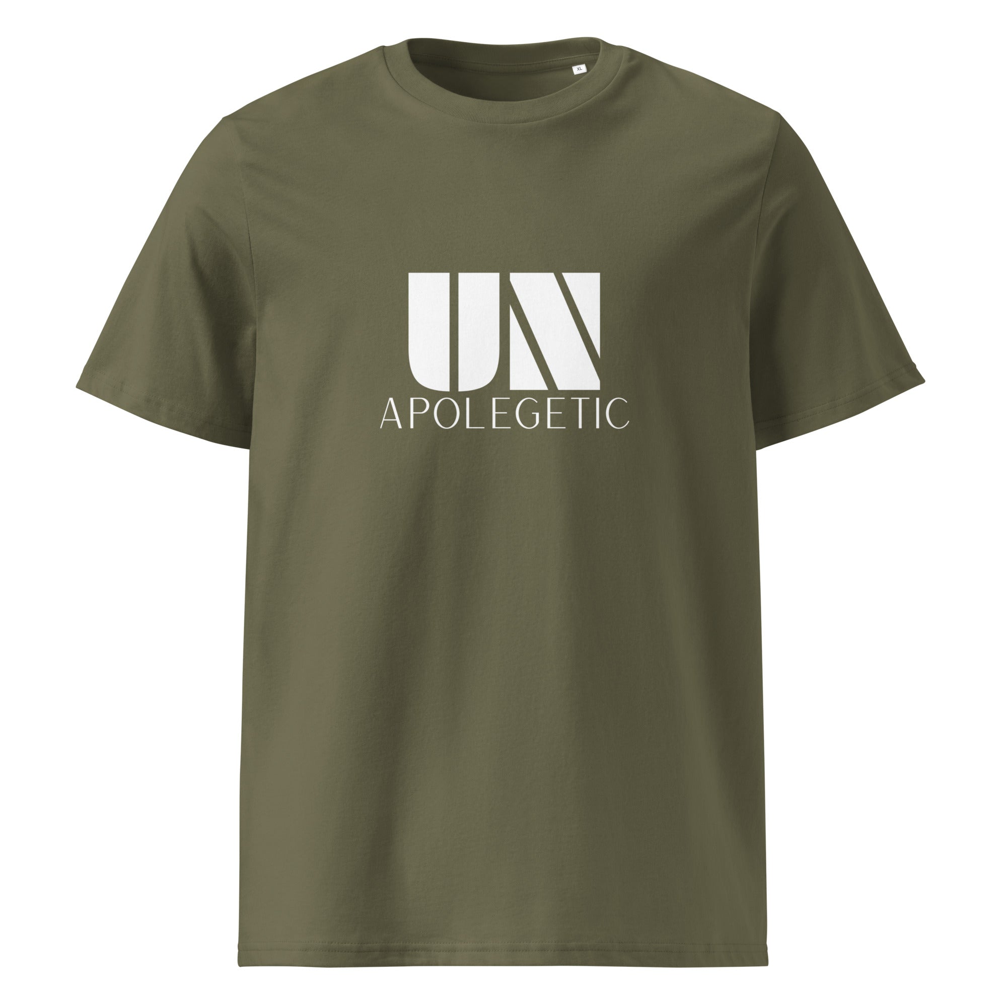 womens green tshirt displayed on a white background with bold white unapologetic text and minimalist logo design across the chest statement streetwear piece design by iron and velvet 62