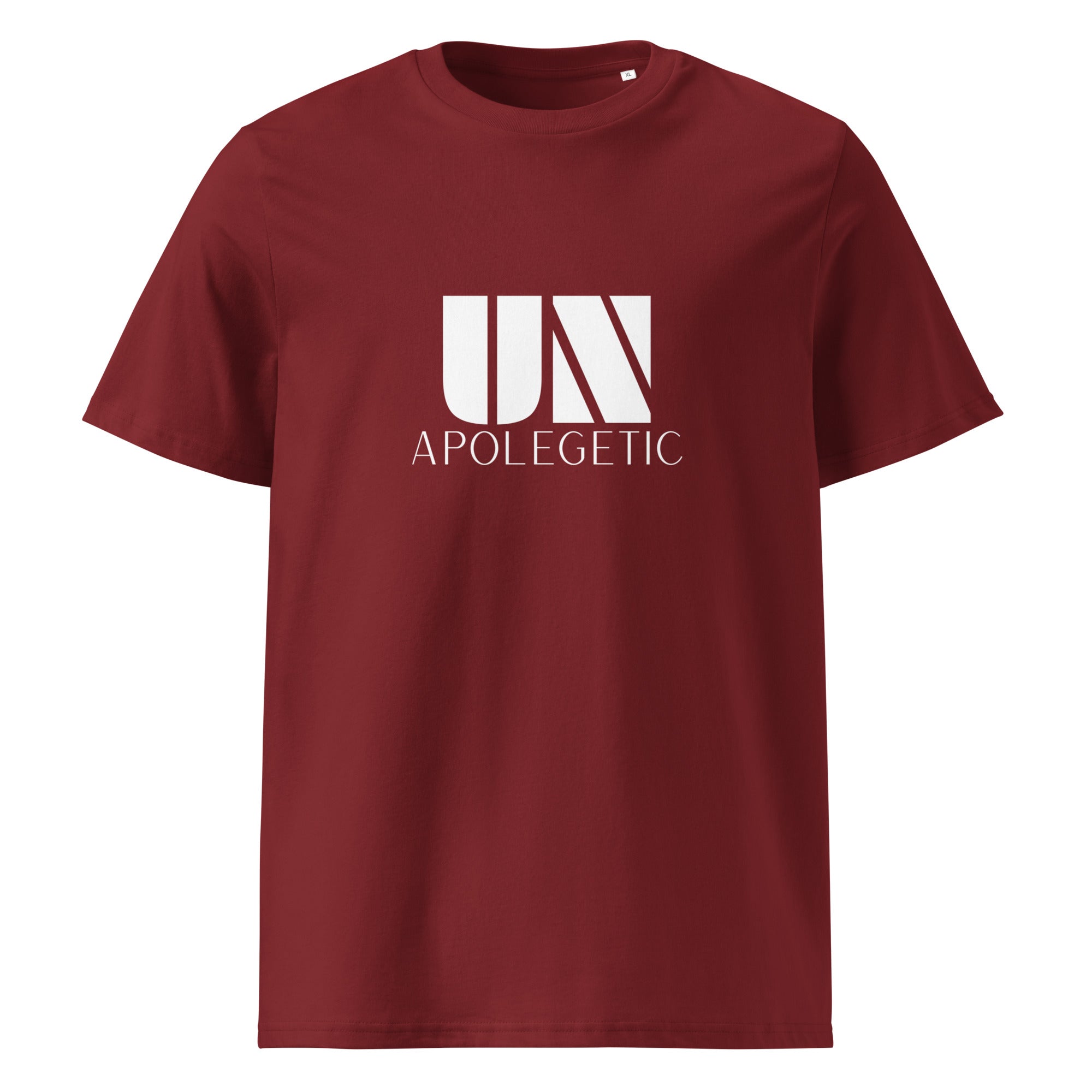 womens red tshirt displayed on a white background with bold white unapologetic text and minimalist logo design across the chest statement streetwear piece design by iron and velvet 62
