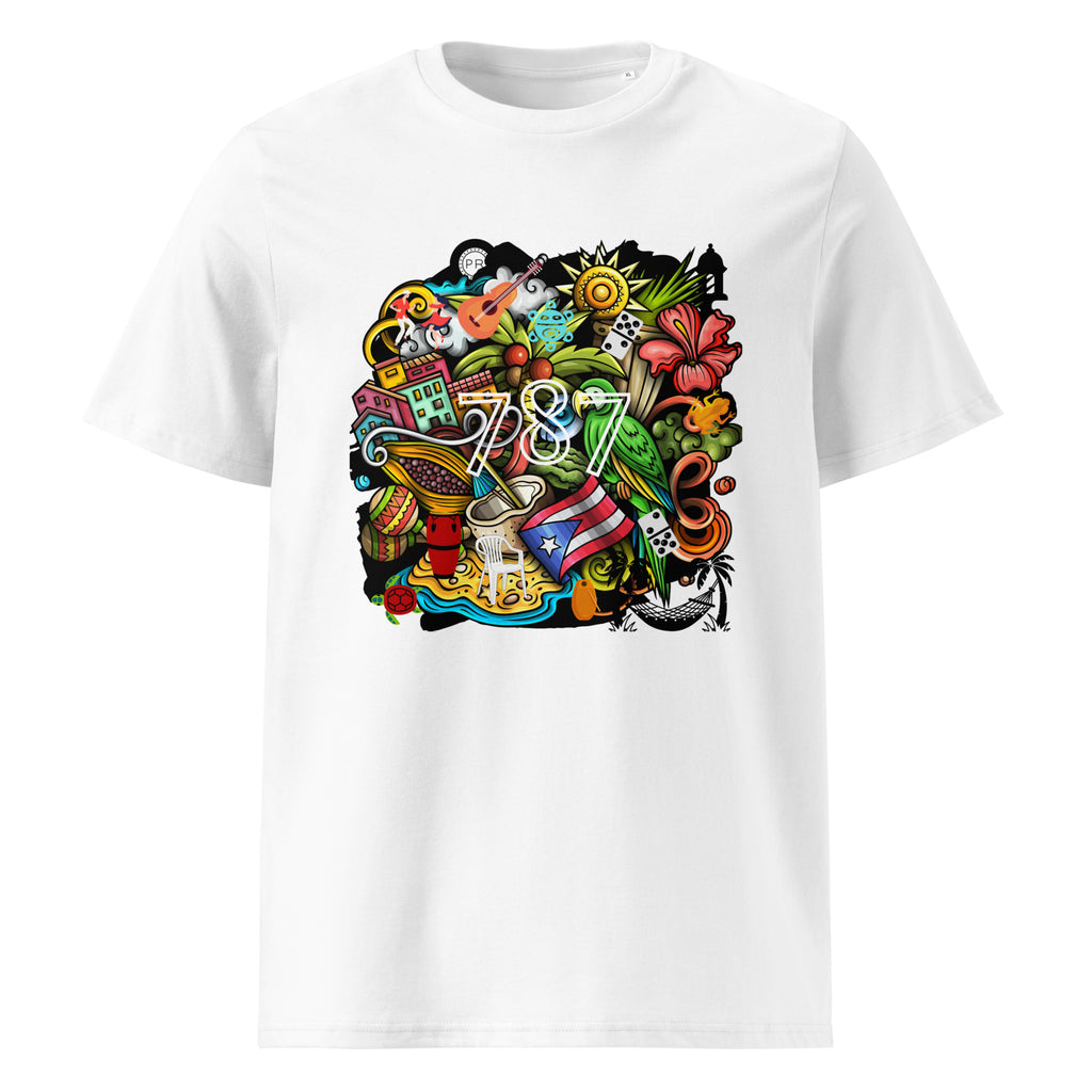 white puerto rico t-shirt displayed on a white background featuring a colorful puerto rico graphic with coquí frog, puerto rican flag, taíno sun, tropical flowers, palm leaves, and island-inspired cultural elements, bold boricua graphic design by iron and velvet 62